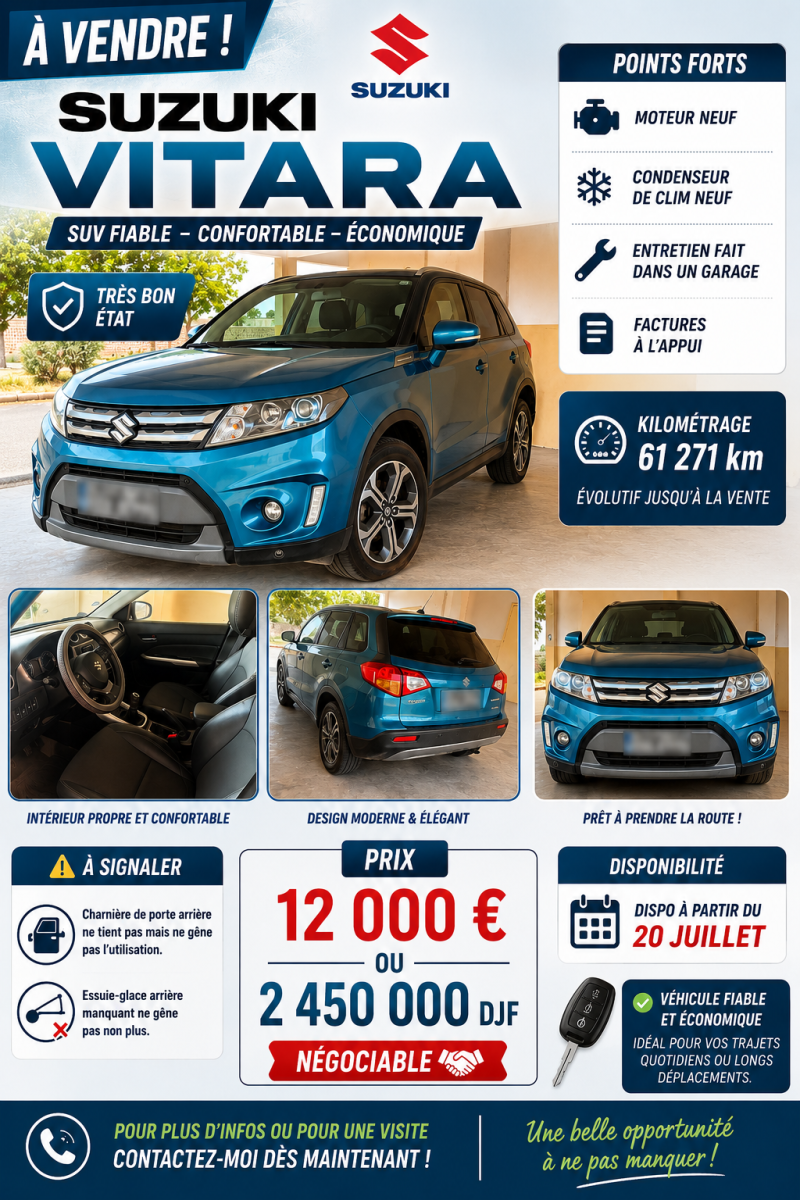 Suzuki Vitara 2019, moteur neuf, bon état général